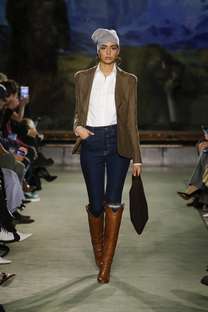 Brandon Maxwell button-down shirt, tweed blazer, denim jeans, and riding boots. (Photo by Monica Feudi)