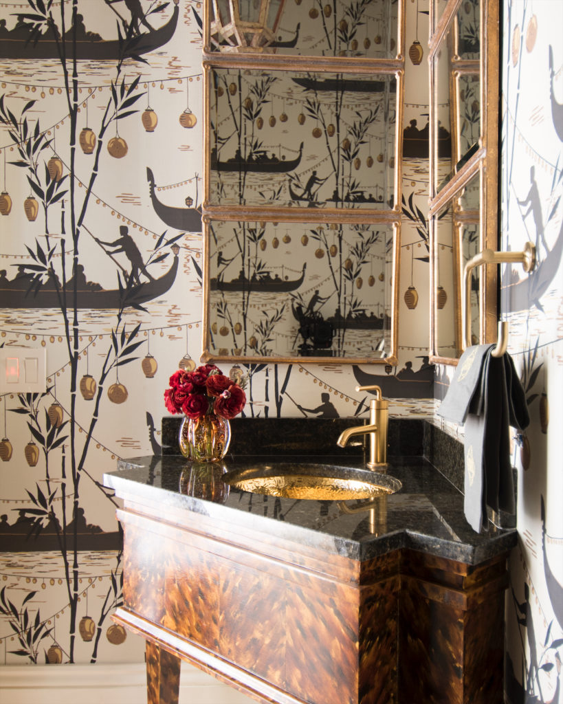 In a powder room, Cole & Son’s Gondola wallpaper. (Photo by Paul Costello)