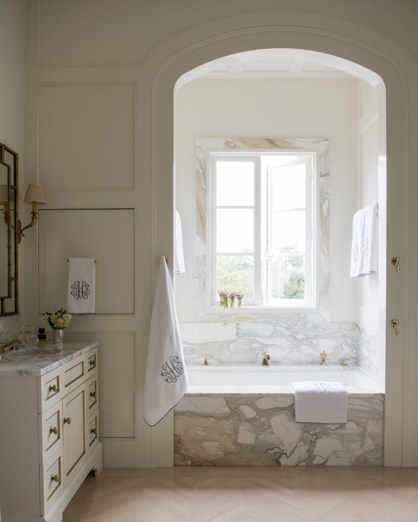 The master bathroom is one of the few spots in the house that embraces neutrals.  (Photo by Paul Costello)