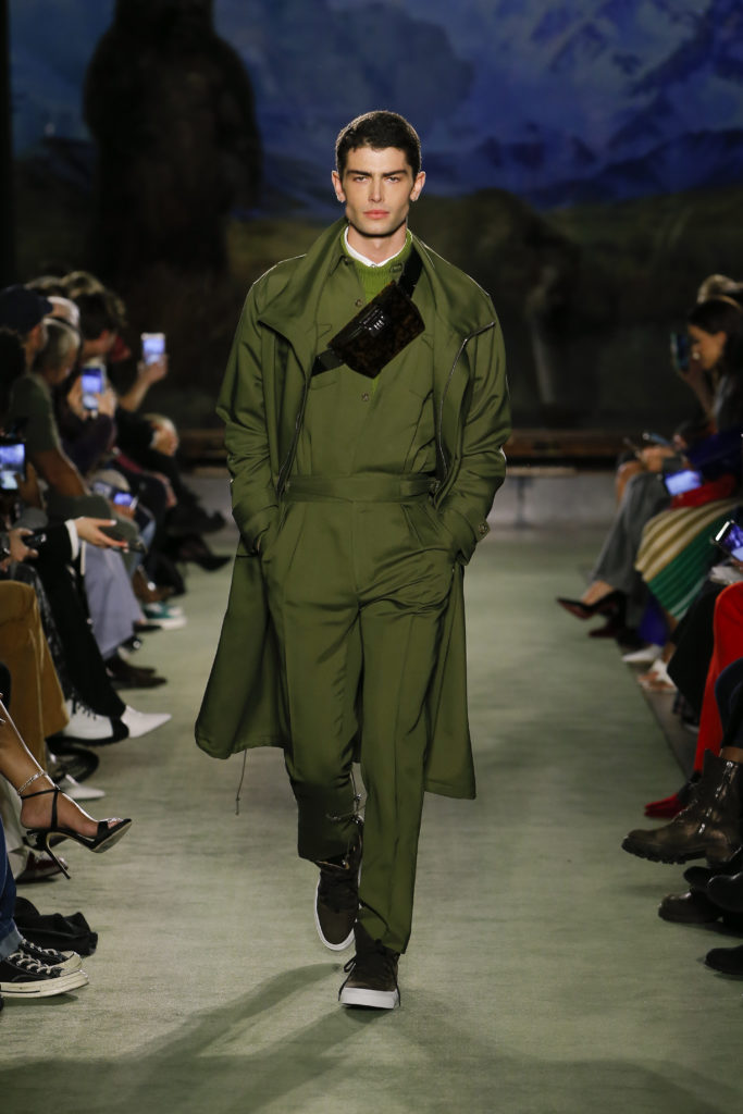 Brandon Maxwell army green flight suit with coordinating trench. (Photo by Monica Feudi)