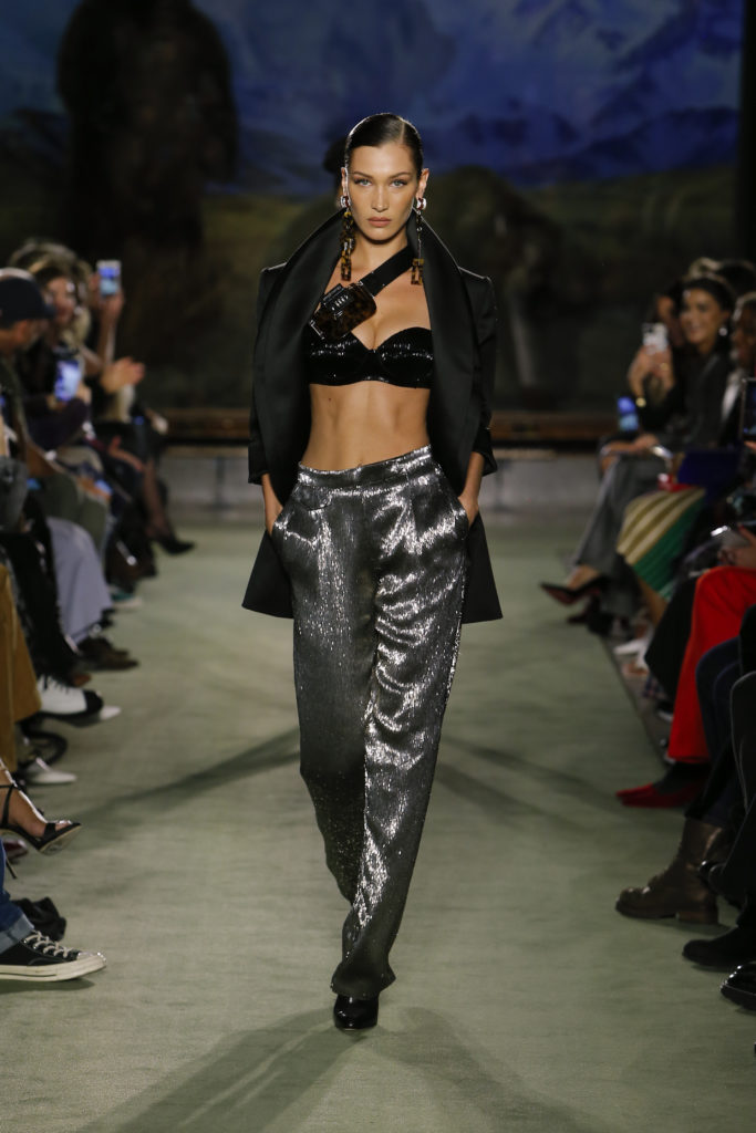 Brandon Maxwell beaded bralet, liquid silver trousers, and blazer. (Photo by Monica Feudi)