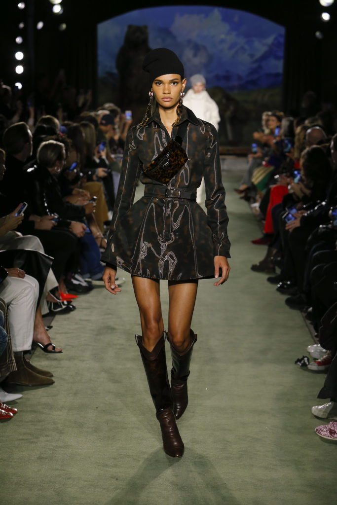 Brandon Maxwell tortoise liquid gazaar belted mini-dress. (Photo by Monica Feudi)