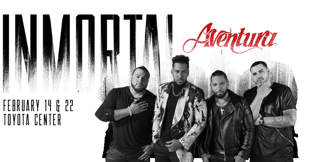 Bachata legends Aventura roll into town this Valentine's Day, Friday, February 14, at Toyota Center. They will also return next Saturday, February 22, for a second show.