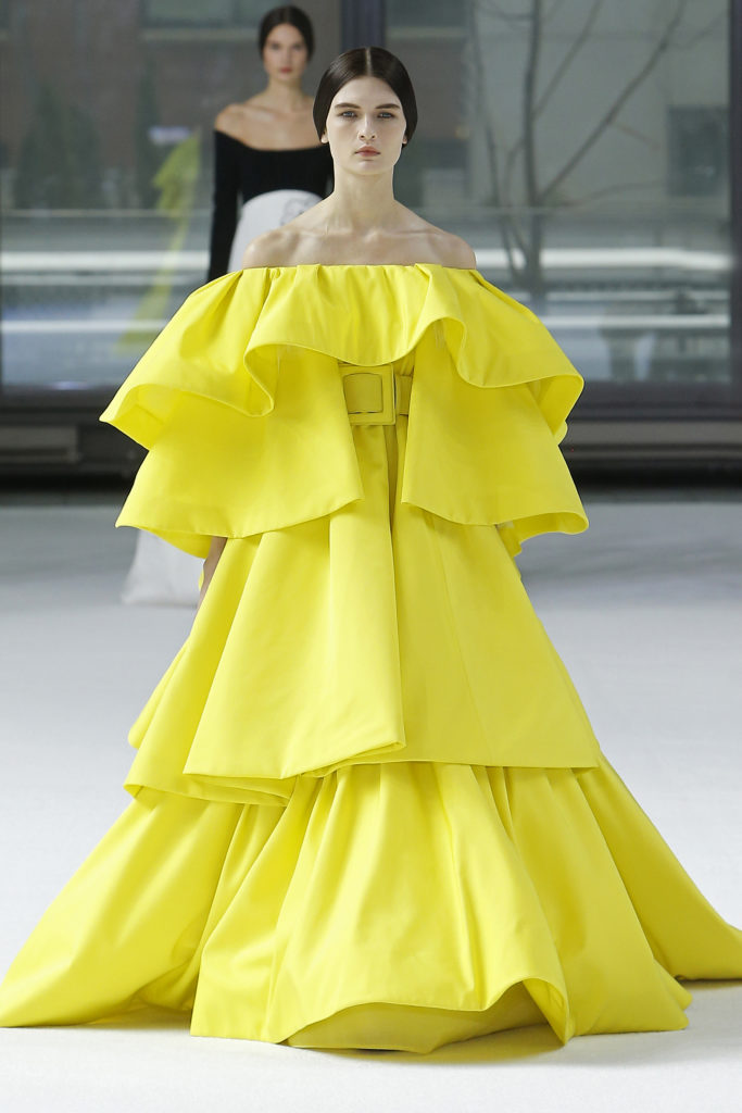 Carolina Herrera acacia tech faille multi-tiered ruffle gown and square buckle belt. (Photo courtesy of Carolina Herrera)