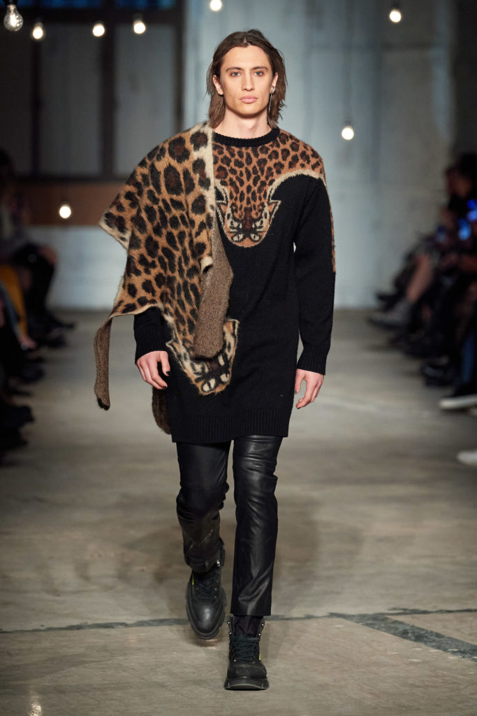 Monse cheetah skin sweater, leather skinny pant, cheetah skin knit scarf. (Photo by Imaxtree)