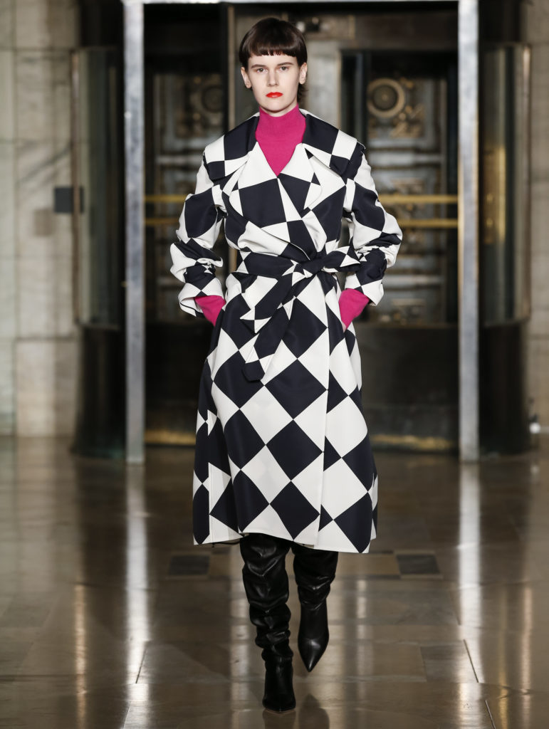 Oscar de la Renta diamond silk faille trench coat, cashmere turtleneck sweater. (Photo courtesy of Oscar de la Renta)