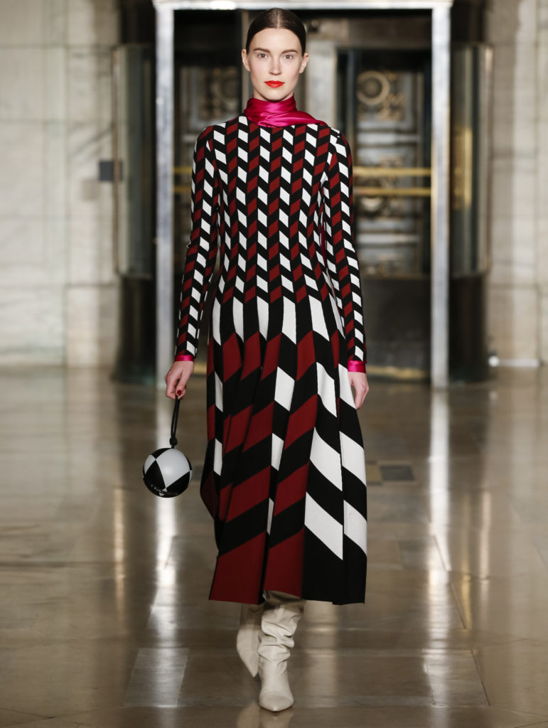 Oscar de la Renta geometric pleated knit dress, tie neck silk blouse,. (Photo courtesy of Oscar de la Renta)