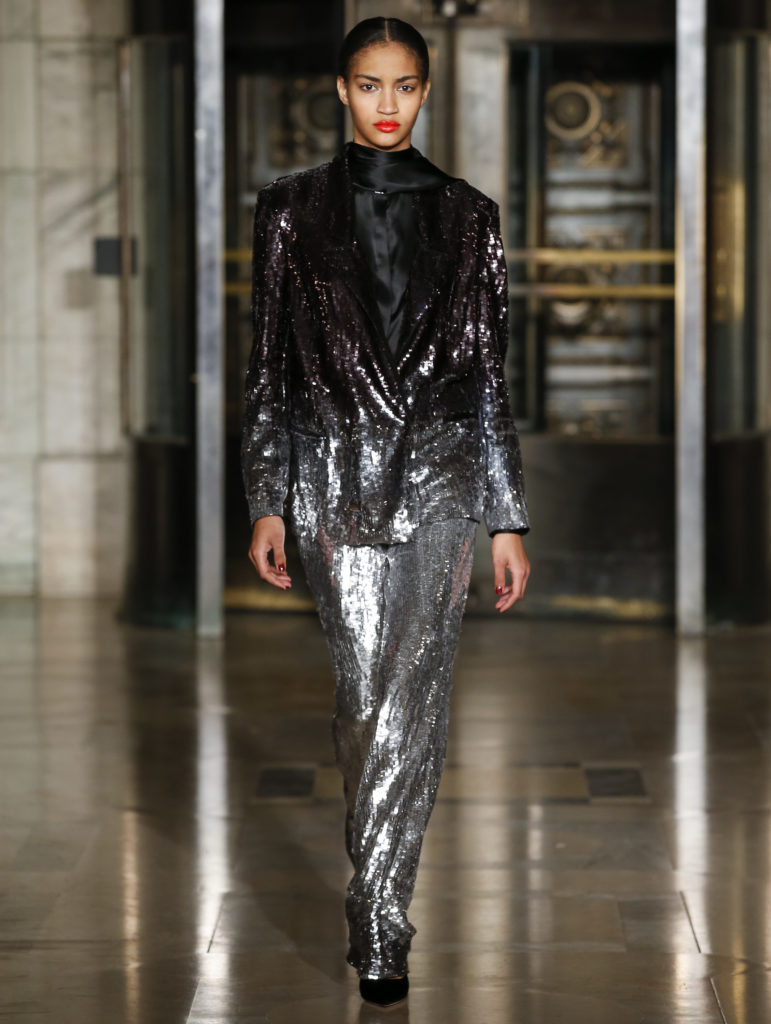 Oscar de la Renta degrade sequined jacket, silver sequined pant, tie neck silk blouse. (Photo courtesy of Oscar de la Renta)