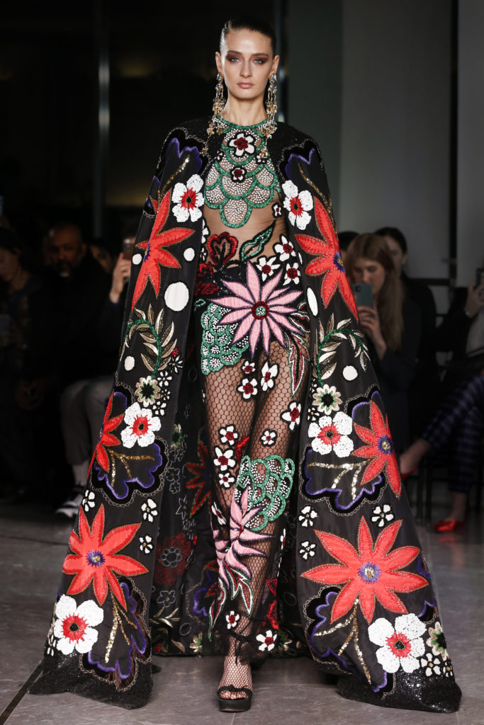 Naeem Khan sheer embroidered gown and matching cape. (Photo by Dan and Corina Lecca)