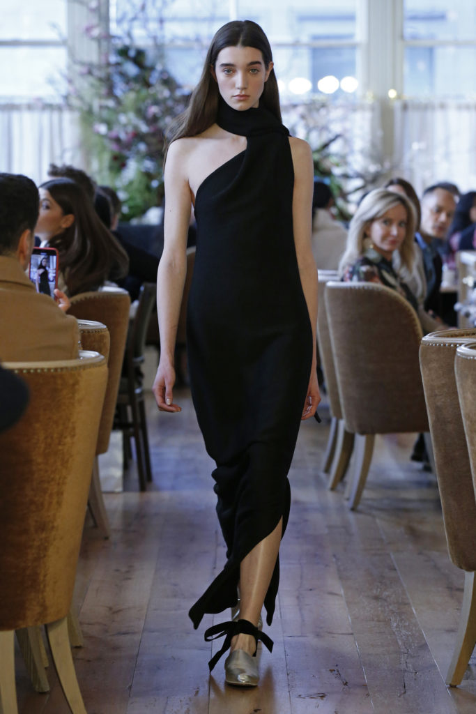 Adam Lippes black bouclé column gown. (Photo by Dan Lecca)