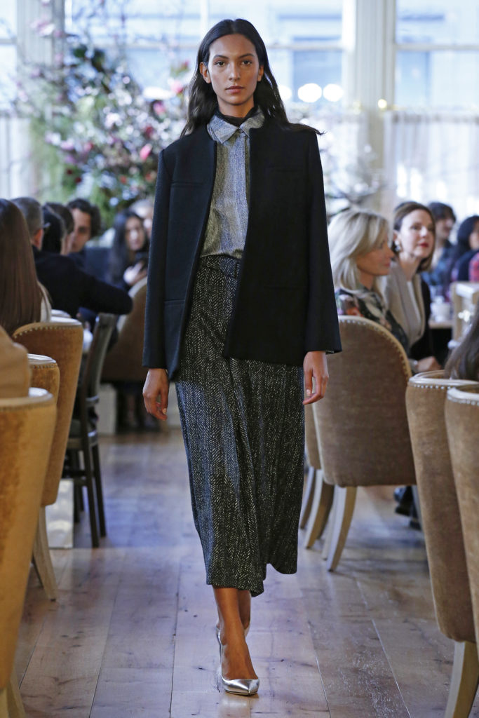 Adam Lippes grey chevron silk twill blouse, black Chantilly lace turtleneck, black bouclé jacket, dark grey English wool herringbone skirt. (Photo by Dan Lecca)