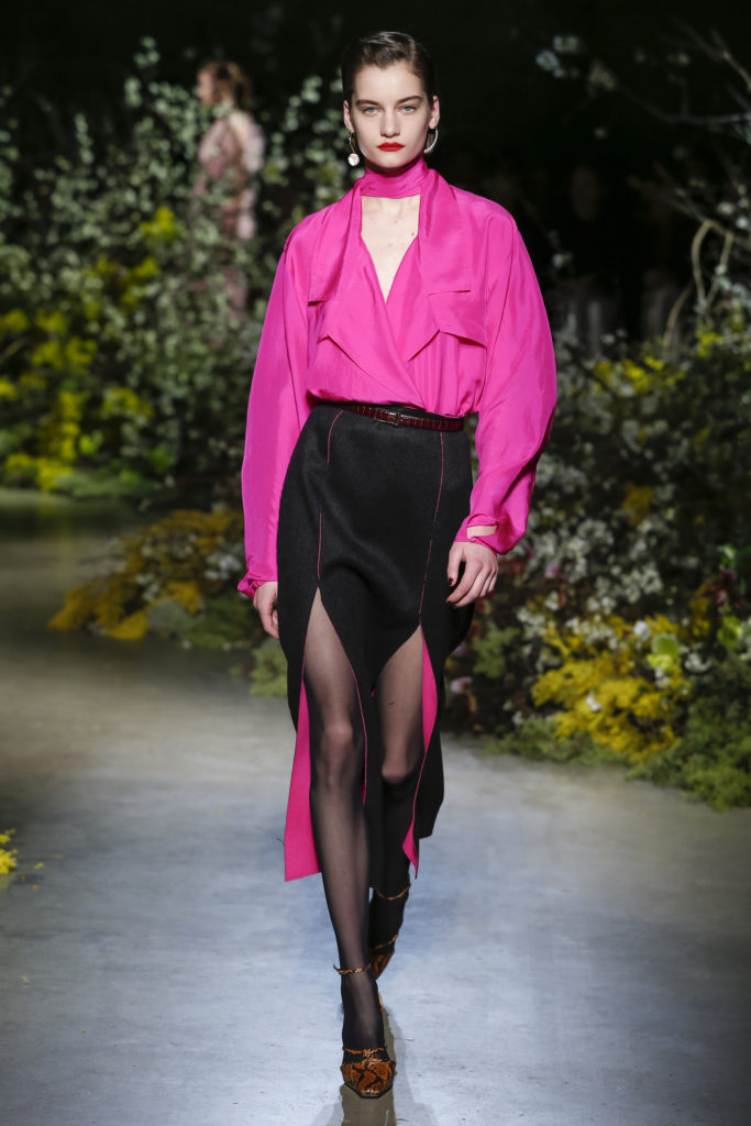Jason Wu fuchsia blouse, black skirt with dual slits. (Photo courtesy of Jason Wu)