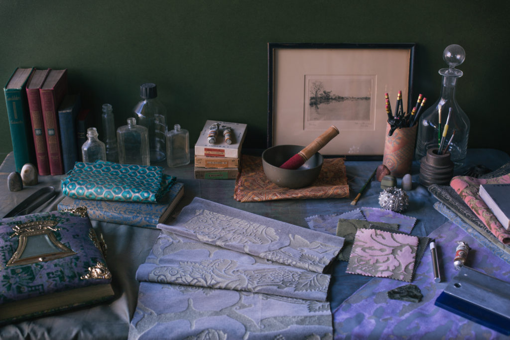 Fortuny's Philosopher's Stone Collection featuring printed cotton and velvet in rich tones.