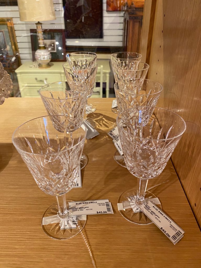 Waterford crystal sets at bargain prices at the Blue Bird Circle Resale Shop lure those who like to entertain at home. (Photo by Shelby Hodge)