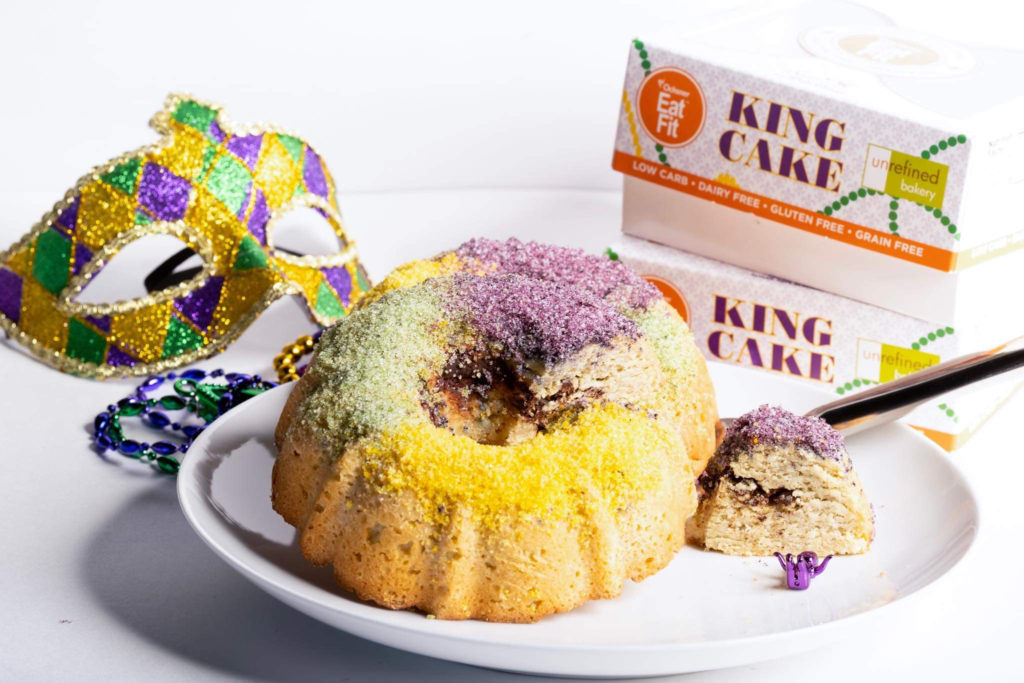 Unrefined Bakery offers a keto, gluten-free, and dye-free organic mini King Cake for Mardi Gras. 