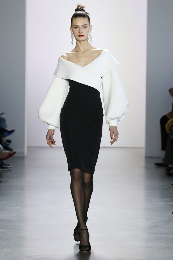 Badgley Mischka little black dress with contrasting white V-neck collar and sleeves. (Photo courtesy of Badgley Mischka)