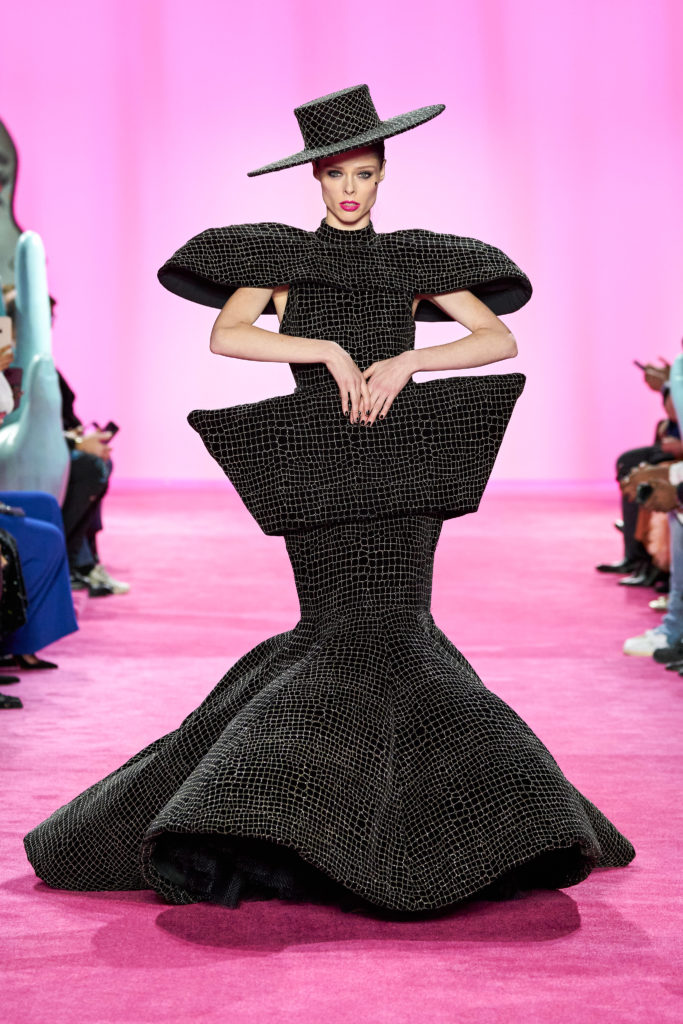 Model Coco Rocha closed the Christian Siriano runway show in a black and velvet croc embroidered velvet sculpture gown. (Photo courtesy of Imaxtree)