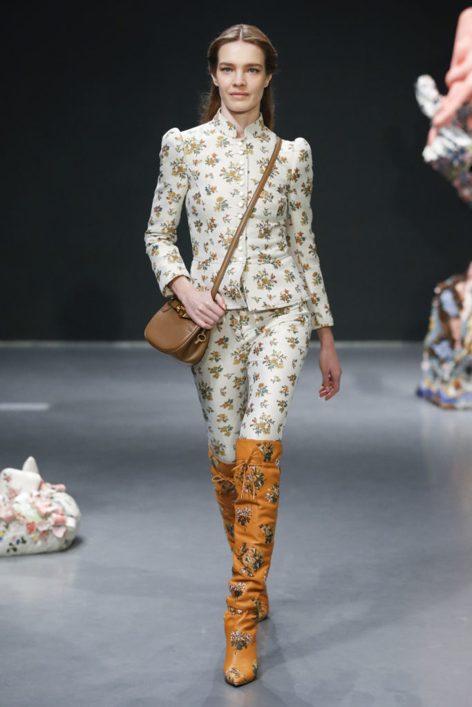 Tory Burch floral patterned cotton jacquard jacket and pant, with embroidered floral knee-high boot. (Photo courtesy of Tory Burch)