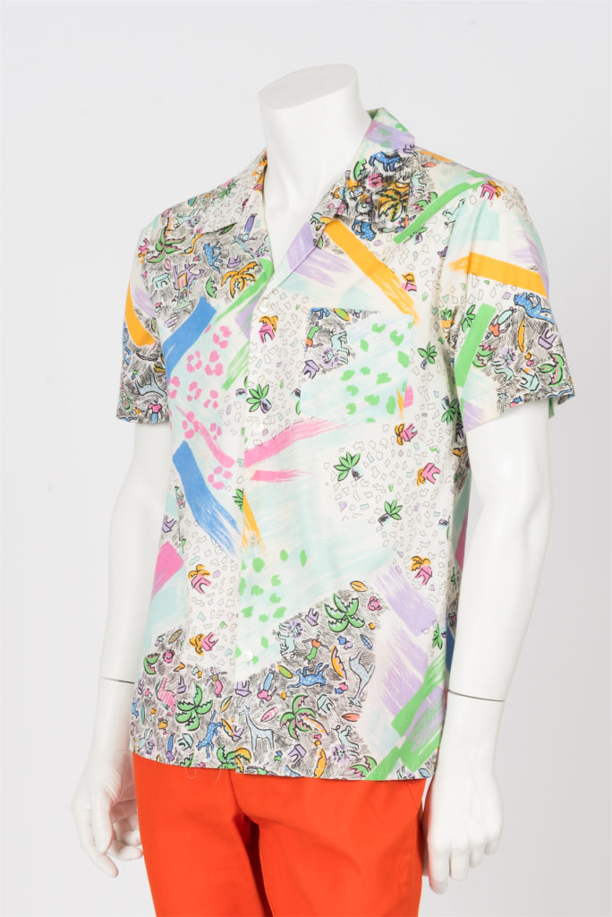 A 1987 printed cotton shirt from Belizean Toucan Tops, which added a unique perspective to the original "aloha" shirts. 