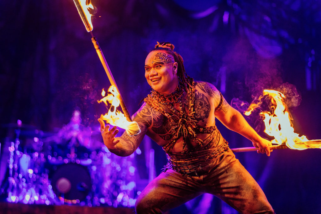 Knife Fire Dancer, Lisiate Tovo, steals the show. (Photo by Photos Marie-Andrée Lemire / Costumes Dominique Lemieux / Cirque du Soleil 2019 )