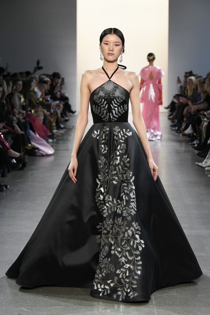Bibhu Mohapatra onyx silk barathea ball gown with Tree of Life pipli embroidery. (Photo by Yannis Vlamos / Indigital.tv)