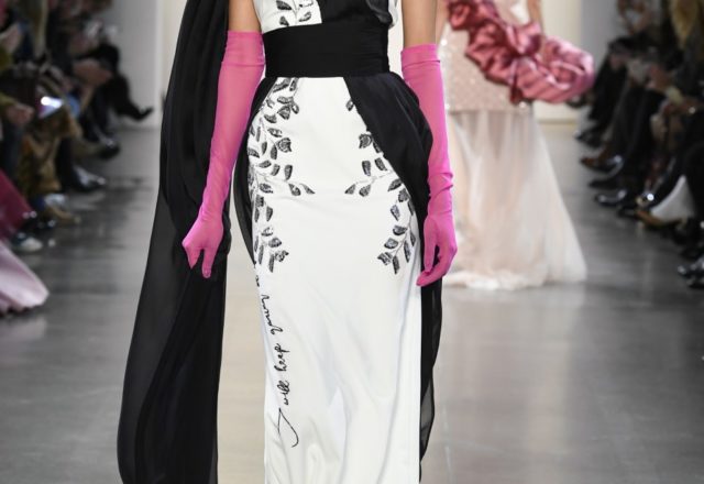 Bibhu Mohapatra ivory and onyx sari gown with black and silver gota embroidery. (Photo by Yannis Vlamos/Indigital.tv)