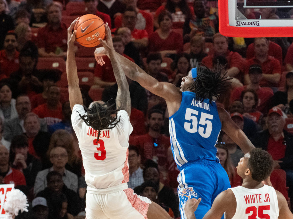 UH's DeJon Jarreau outfought Precious Achiuwa, a future NBA lottery pick, for this rebound. (Photo by F. Carter Smith)