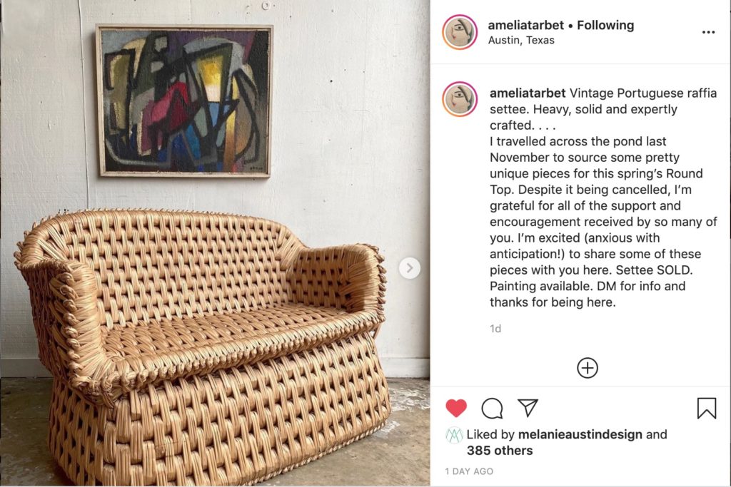 Dealer Amelia Tarbet, who usually shows at The Compound, is selling inventory via Instagram