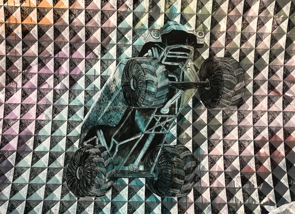 "Chapel" by Fransisco Moreno includes drawings of monster trucks and other cultural references. (Photo by Megan Ziots)