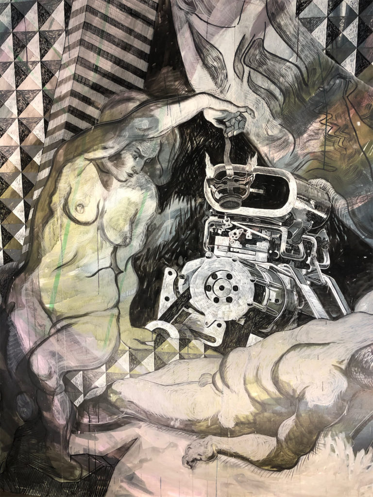 As well as depictions of people mixed with industrial drawings. (Photo by Megan Ziots)