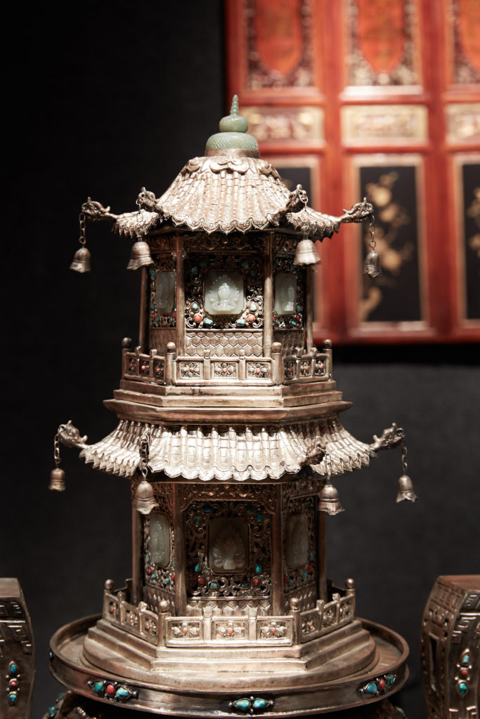 Nineteenth-century Mongolian silver censer embellished with carved jade, turquoise, coral, and malachite. (Photo by Pär Bengtsson)