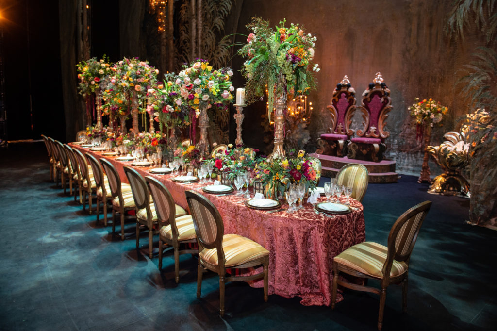 On stage at Wortham Theater Center where The Events Company created a spectacular dinner setting for a salute to production underwriters. (Photo by Wilson Parish)