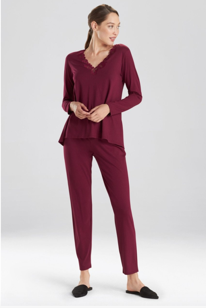 Natori jersey knit pajamas with lace trim in 60 percent cotton, 40 percent modal are comfortable for bed as well as for working at the computer. 