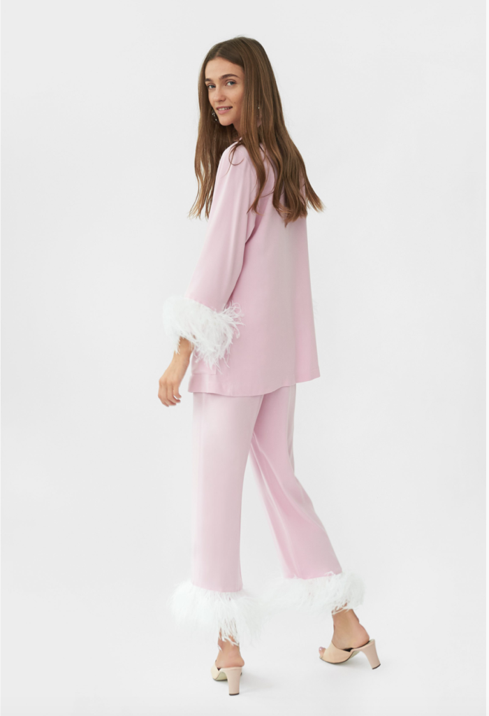 The-Sleeper PJs in viscose and feathers, $224, the ultimate in froufrou dressing maybe not the most practical for working at home.