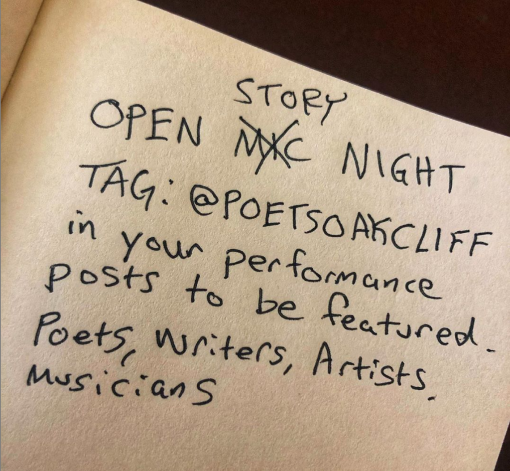 To foster community, Poets Oak Cliff had a Open Story Night where local artists could send in their performance. (Courtesy of Poets via Insta)