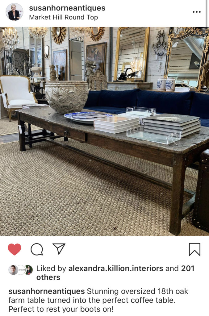 Susan Horne Antiques is sharing the inventory from the Round Top showroom at Market Hill on instagram.