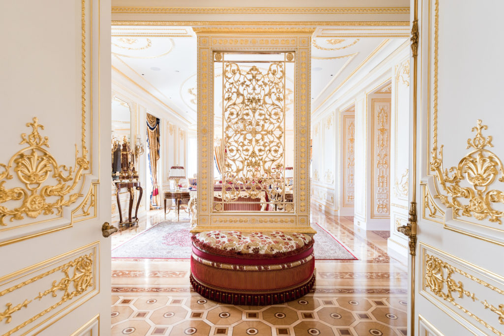 The entry to the $45 million condo quickly establishes the French flavored grandeur . (Photo by Courtesy Douglas Eilliman )
