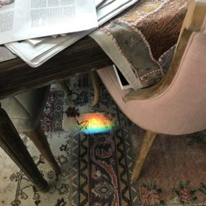 A rainbow appears every morning under Houston-based artist Mary Margaret Hansen’s dining table, beginning the day with a fortuitous sign.