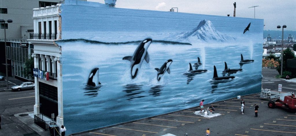 "Washington Orcas" Whaling Wall in Tacoma, Washington. (Courtesy of Wyland Foundation)