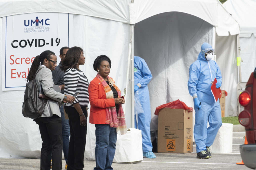 Congresswoman Sheila Jackson Lee, chair of the Congressional Coronavirus Task Force, observes the medical professionals conducting screenings. Drive-through testing for coronavirus began at the United Memorial Medical Center after the outbreak of COVID-19. (Photo by F. Carter Smith)