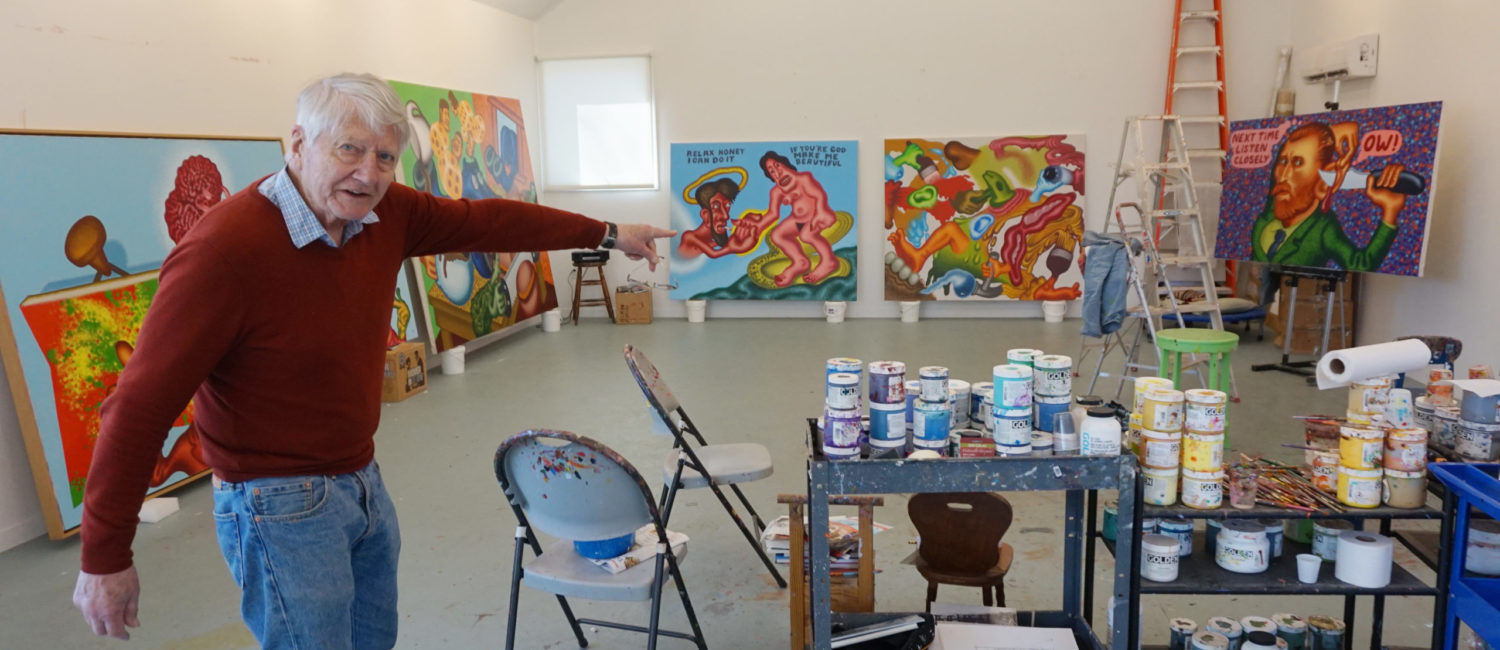 Peter Saul in his Germantown, New York, studio, 2020. The artist is the subject of a major survey, at the New Museum, NYC. Significantly, six seminal canvases in the 60-works exhibition are owned by Dallas collectors.  (Photo by Katherine McMahon)