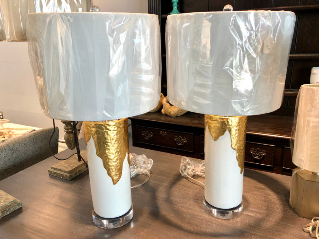 Gold drip lamps priced at $185 each. 