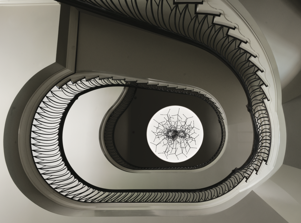 Marilyn Oshman, published November 2013. Interior design Ed Harris/Harris Sanders Interior Design. Photographed by Jack Thompson. In art patroness and founder of The Orange Show Marilyn Oshman’s River Oaks home, soaring stairs by artist Ed Wilson. Dome created by artist James Surls.