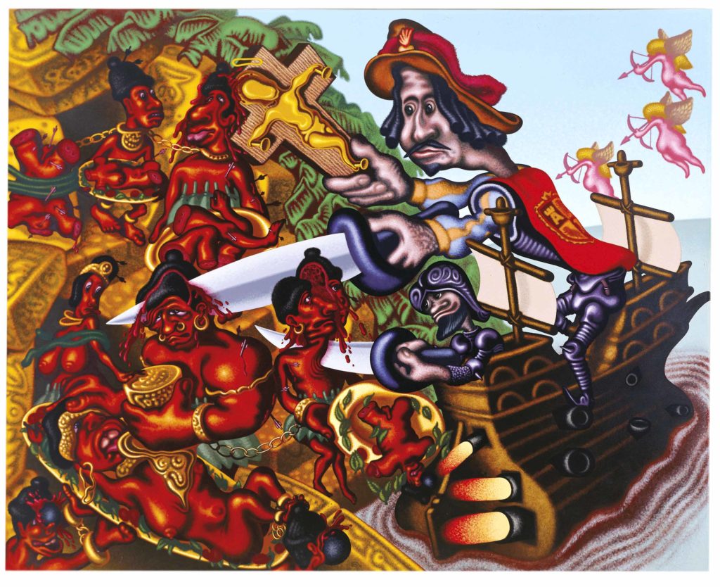Peter Saul's "Columbus Discovers America," 1992-1995. Collection Brett and Lester Levy Jr., Dallas. This seminal canvas points the way to the painter's mature work, distinguished by provocative subject matter, rendered in a fresh, cartoon-based style.