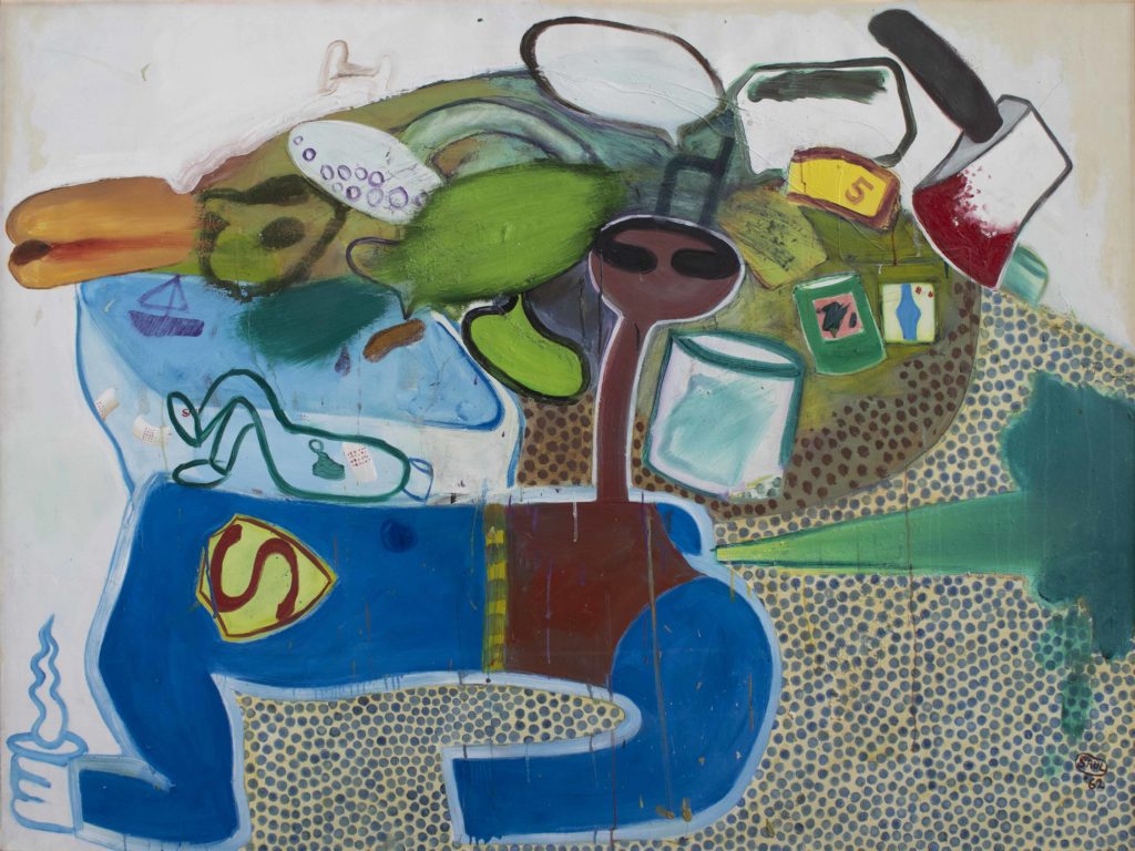 Peter Saul's "Untitled," 1962, demonstrates early use of a cartoon character, a device that would be popularized by Roy Lichtenstein and Andy Warhol. Collection of Brett and Lester Levy Jr., Dallas, included in the New Museum survey "Peter Saul: Crime and Punishment." 