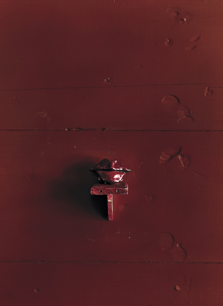 Salle Werner-Vaughn, published September 2012. Photographed by Jenny Antill and Jack Thompson. In artist Salle Werner-Vaughn’s The Place by the Way bungalow, red patinated bronze lips on a miniature wall bracket. Walls painted old-schoolhouse red in a discontinued paint from Martin-Senour. “It reminds me of the red room in the Villa of the Mysteries in Pompeii or a Russian lacquer box,” says Werner-Vaughn.