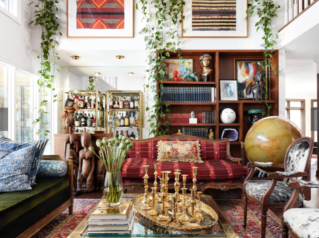 Dallas' Judy Aldridge of Atlantis Home furnished one of her husband's offices with an antique sofa upholstered in vintage embroidered fabric from Guatemala.  (Photo by Lisa Petrole)
