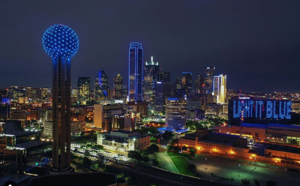 Reunion Tower and the Omni Dallas were among several Dallas sites that went blue in honor of front line workers in the COVID-19 battle. (Instagram photo visit_dallas)