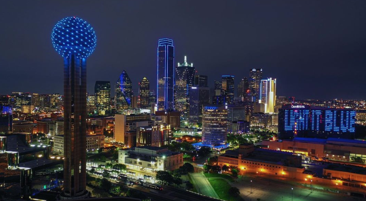 Reunion Tower and the Omni Dallas were among several Dallas sites that went blue in honor of front line workers in the COVID-19 battle. (Instagram photo visit_dallas)