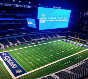 The Dallas Cowboy’s AT&T Stadium lights up in support of warriors in the COVID-19 battle. (Instagram photo @attstadium)